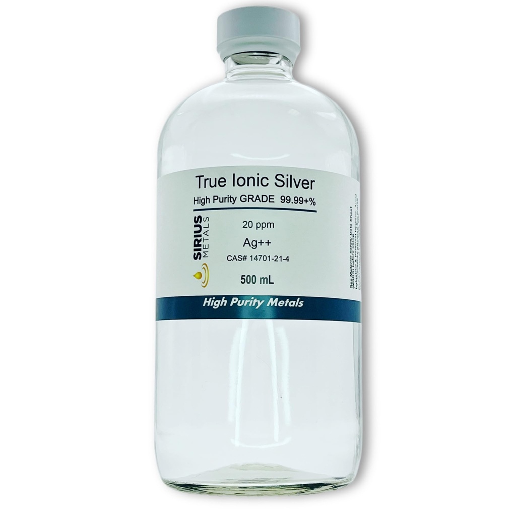 Tõeline vaba iooniline hõbe - 20 ppm: 500 ml läbipaistvas klaaspudelis