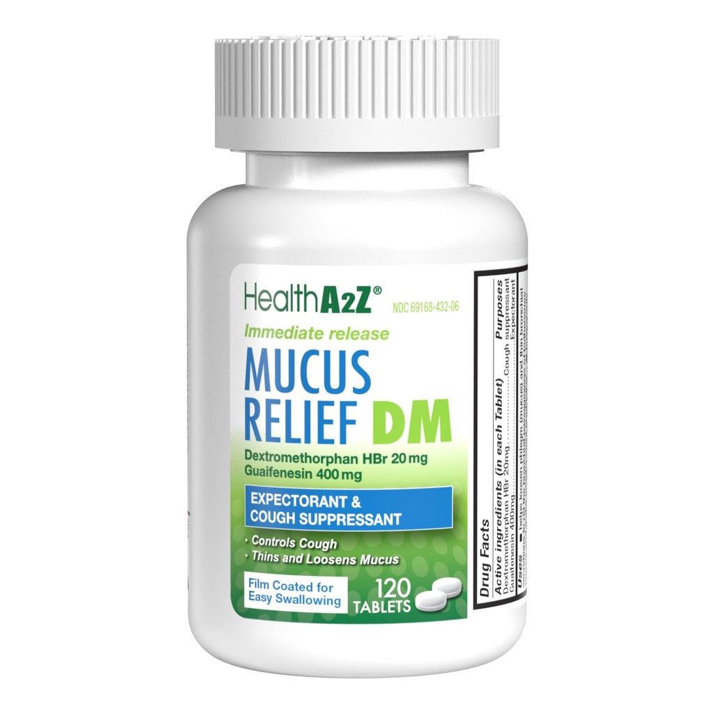 HealthA2Z® Mucus Relief DM | Dextromethorphan HBr 20mg | Guaifenesiin 400mg | No Benzene | Köha, kohe vabanev, katmata (120 loend (1. pakk))