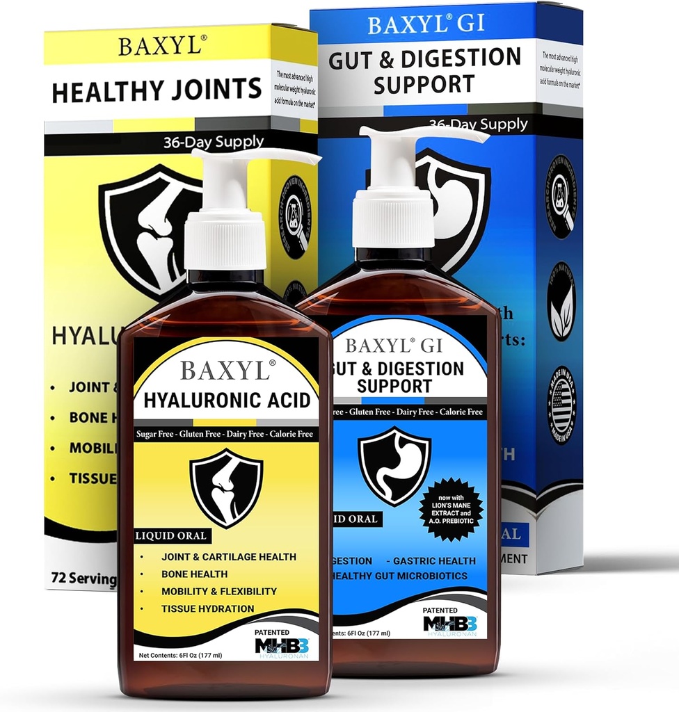BAXYL & BaxylGI komplekti pakend - (6 fl oz iga) - hüaluroonhappe ühine lisand ja Hylarunonan Amaferm Prebiootiline seeditav lisand.