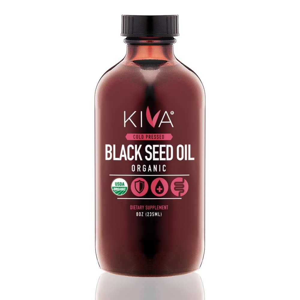 Kiva orgaaniline musta seemne õli - Ultra kõrge 3X tümokinoon (TQ), külmpressitud, 100% Türgi Nigella Sativa seemneõli, looduslik mitte-GMO lisand - Vegan, 8 oz (235 ml) klaaspudel