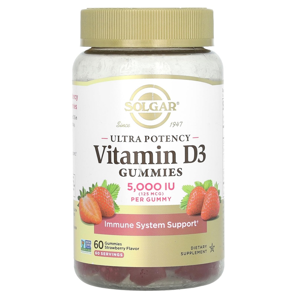 Solgar Vitamiin D3 Gummies täiskasvanutele 5,000IU Ultra potentsi Vitamiin Immuunsüsteemi tugi naistele ja meestele - Maitsev maasikamaitse, Gluteen & želatiin tasuta kummi, 2 kuu pakkumine, 60 Servings, 2g suhkur