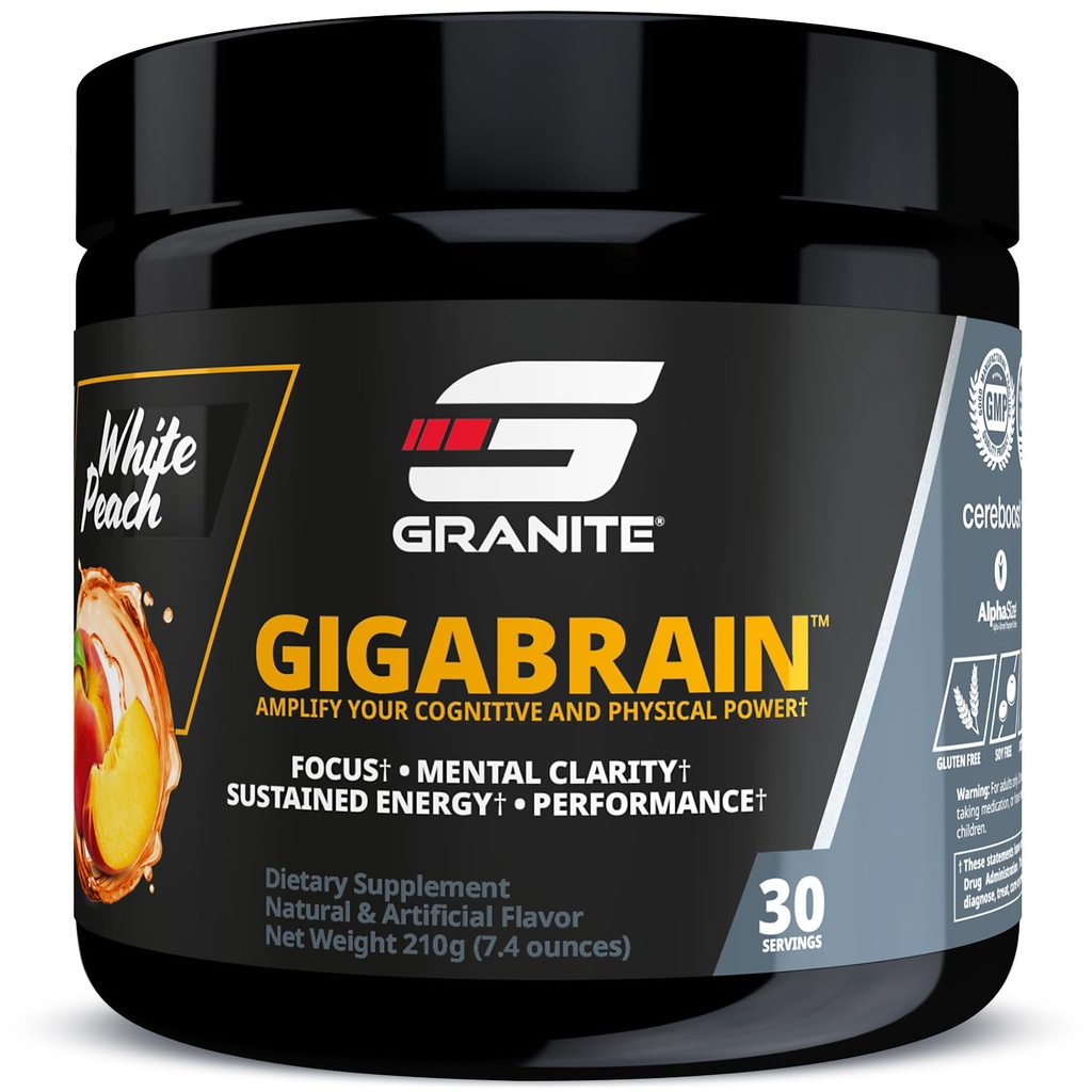 Granite Toitumine GigaBrain Nootroopne Energia Pulber - Cereboost, Alpha-GPC & ElevATP - Kognitiivne Fookus Täiendus Jätkusuutlik Energia & Performance - Valge Peach, 30 Servings