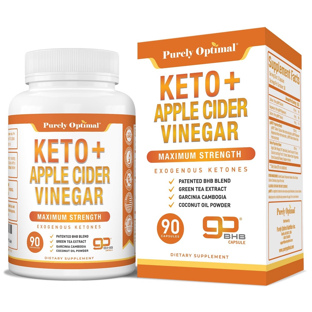 Puhtalt optimaalne Keto BHB & Apple siidri äädikakapslid - eksogeensed ketoonid koos emaga ketoosi toetamiseks, tervislikuks elustiiliks ja üldiseks heaoluks - 90 kapslit