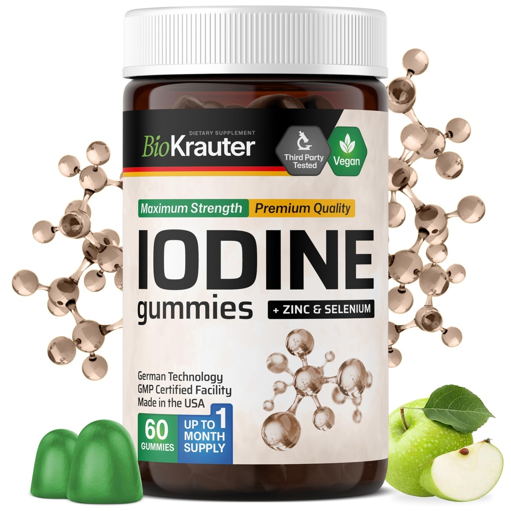 BIO KRAUTER Joodikummid - 60 vegan närimist - 250 mikrogrammi kaaliumjodiid - joodilisand Selenium tsinkiga - Õunamaitse, pektiinipõhised närimiskummid