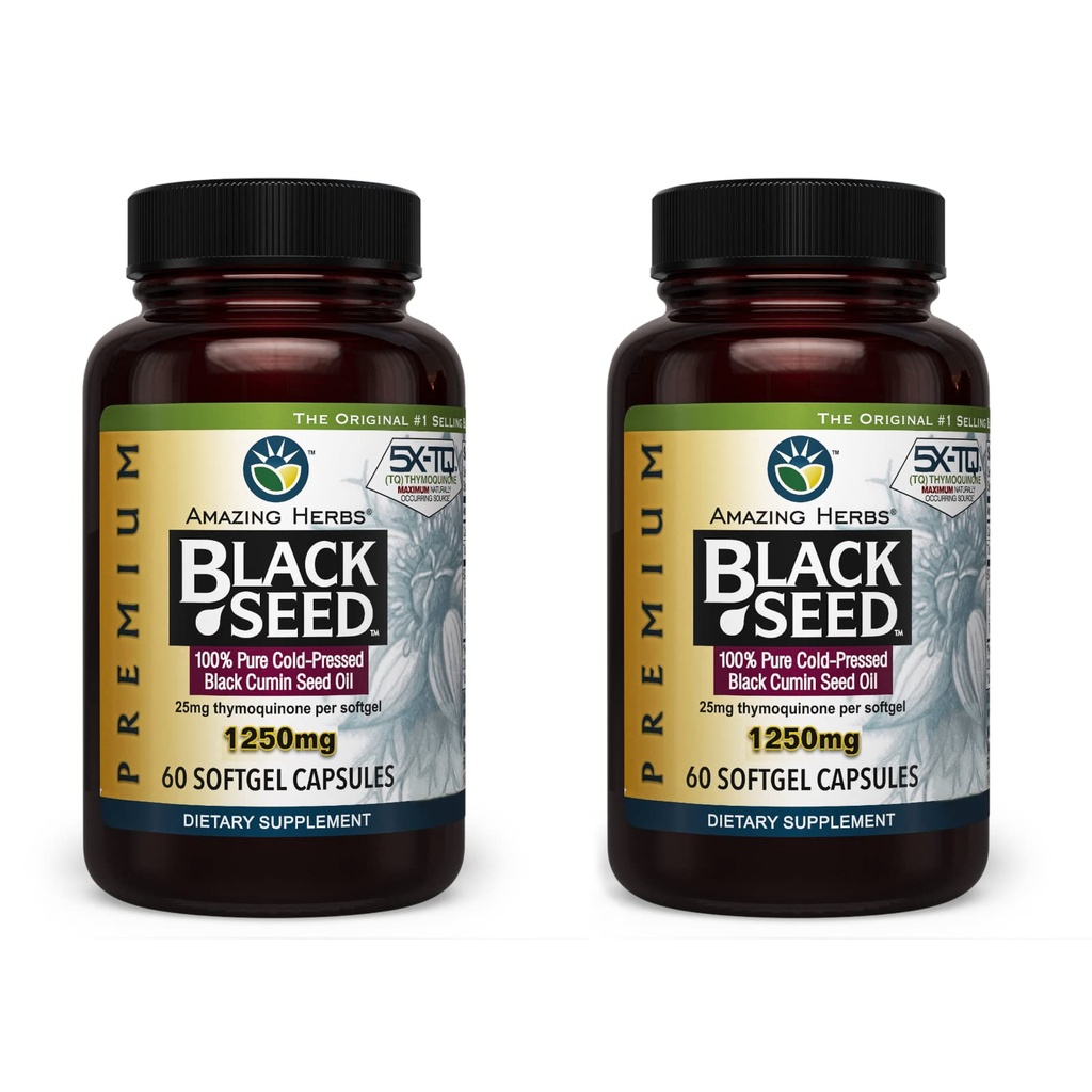 Hämmastavad maitsetaimed Premium Black Seed Oil Kapslid - kõrge potentsi, külm pressitud Nigella Sativa Aids seedetrakti tervise, immuunsuse ja aju funktsiooni - 60 Count, 1250mg (pakk 2)