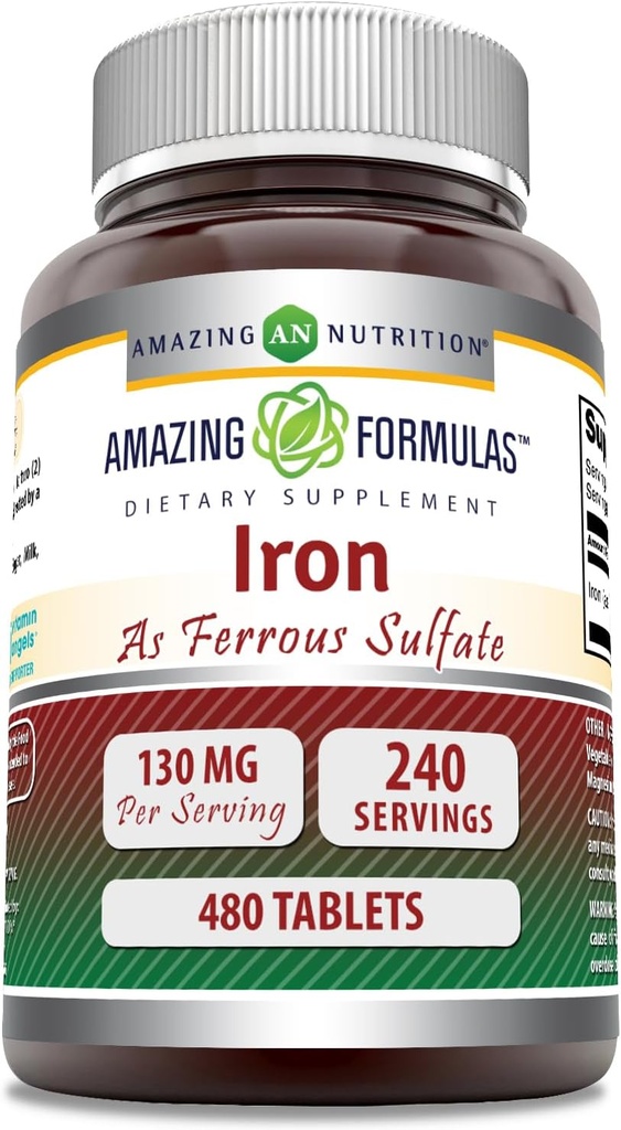 Amazing valemid Raud kui raud(II)sulfaatlisandi | 65 Mg | Tabletid | Non-GMO | Gluteenivaba | Valmistatud USAs (480 Count)