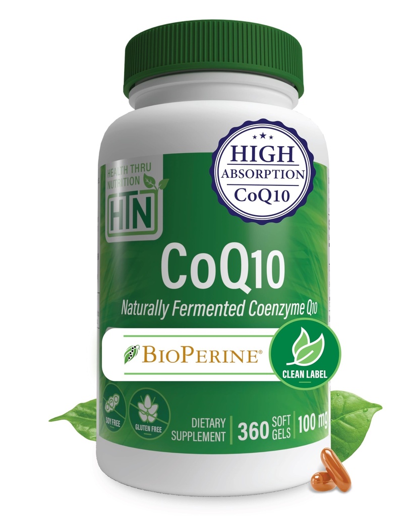 Health Thru Nutrition CoQ-10 100mg koos BioPerine 360 Softgels | Suur imendumine looduslikult kääritatud USP Hinne Koensüüm Q10 täiendus | 3. partei testitud | Südame tervise ja energia toetus