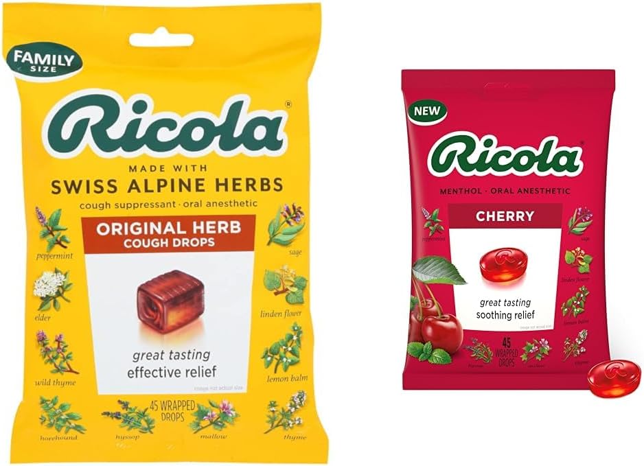 Ricola Original Natural Herb Köha Supressant Kurgutilgad, 45 tilka, Võitleb Köha Loomulikult, Soojendab Kõri, Looduslikult Rahustav Relief & Kirsi Kurgutilgad, 45 Count