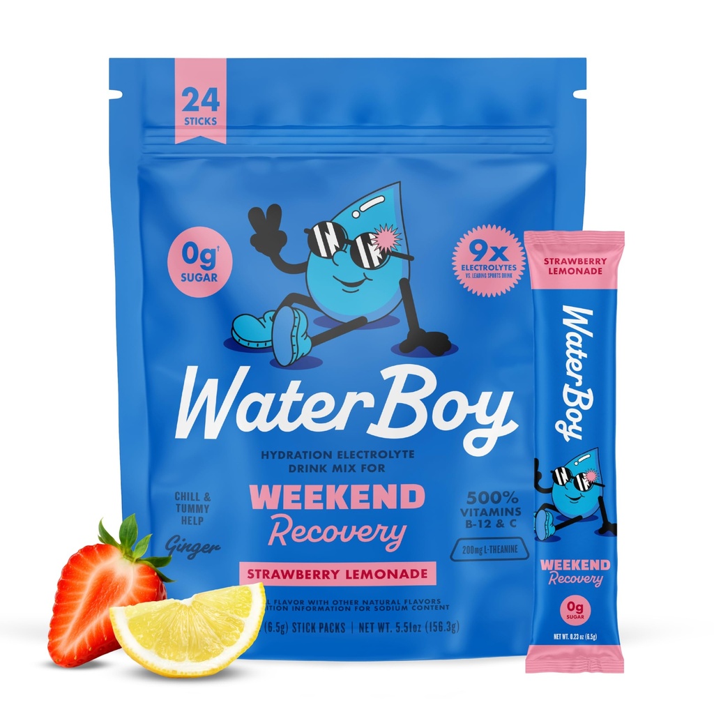 Waterboy Weekend Recovery | 3200mg elektrolüütide pulbri pakendid | Ingver + L-Theanine + vitamiinid | Ilma suhkruta, kõik looduslikud, gluteenivabad | 24 joogipulgasegud (Maasikase limonaad)