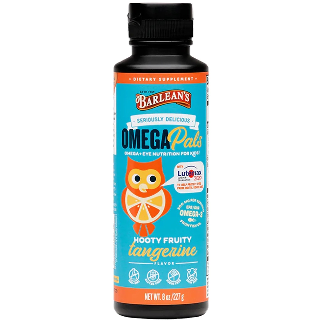 Barlean's Omega Pals Eye Health Vedelik, Tangerine Maitsestatud Omega 3 lastele, Fish Oil Supplement 500 mg EPA & DHA Plus Lutein & Zeaxanthin Vitamiinid Blue Light Support, 8 oz