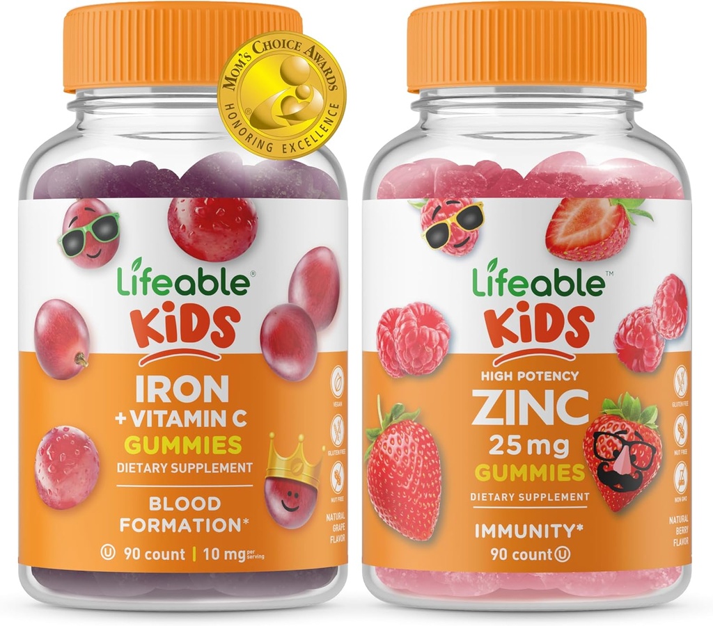 Elujõuline raud ja C-vitamiin Lapsed + tsink 50mg, Gummies Bundle - suurepärane maitse, vitamiinilisand, Gluteenivaba, GMO-vaba, närimiskumm