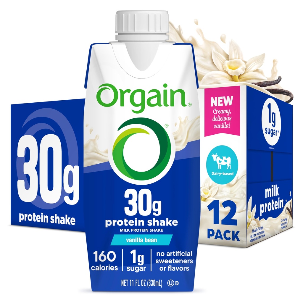 Orgain 30 g kõrge valgu loksutamine, piimatoodete isolaat piimavalk, vanilje oad, 5 g BCAA-d, 1 g suhkrut serveerimise kohta, söögikorra asendamine, valmis joomiseks, Keto sõbralik, Gluteenivaba 11 Fl Oz (pakk 12)