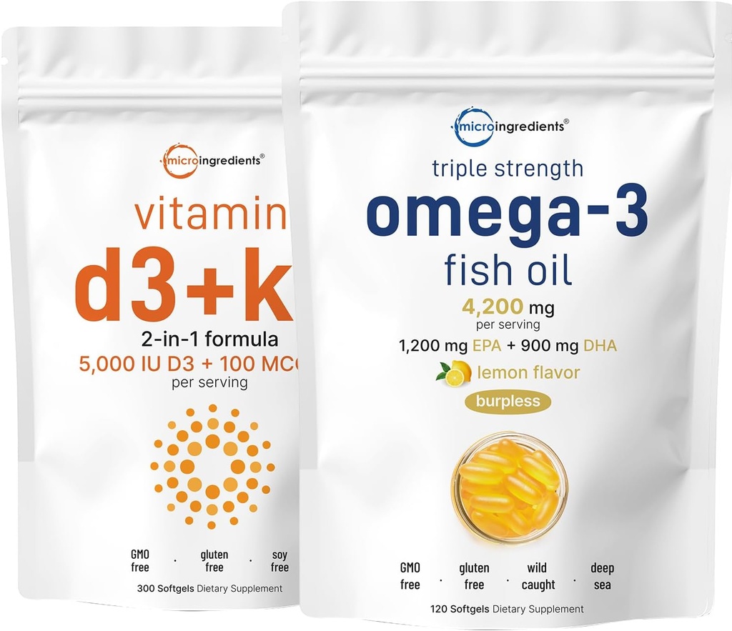 Mikrokoostisosad Vitamiin D3 5000iu + K2 100mcg Softgels & Omega-3 Fish Oil 120 Softgels Bundle 2 Pack | Essential Sunshine Vitamins | Wild-Caught Fish, Sidrun Maitsestatud, Burpless