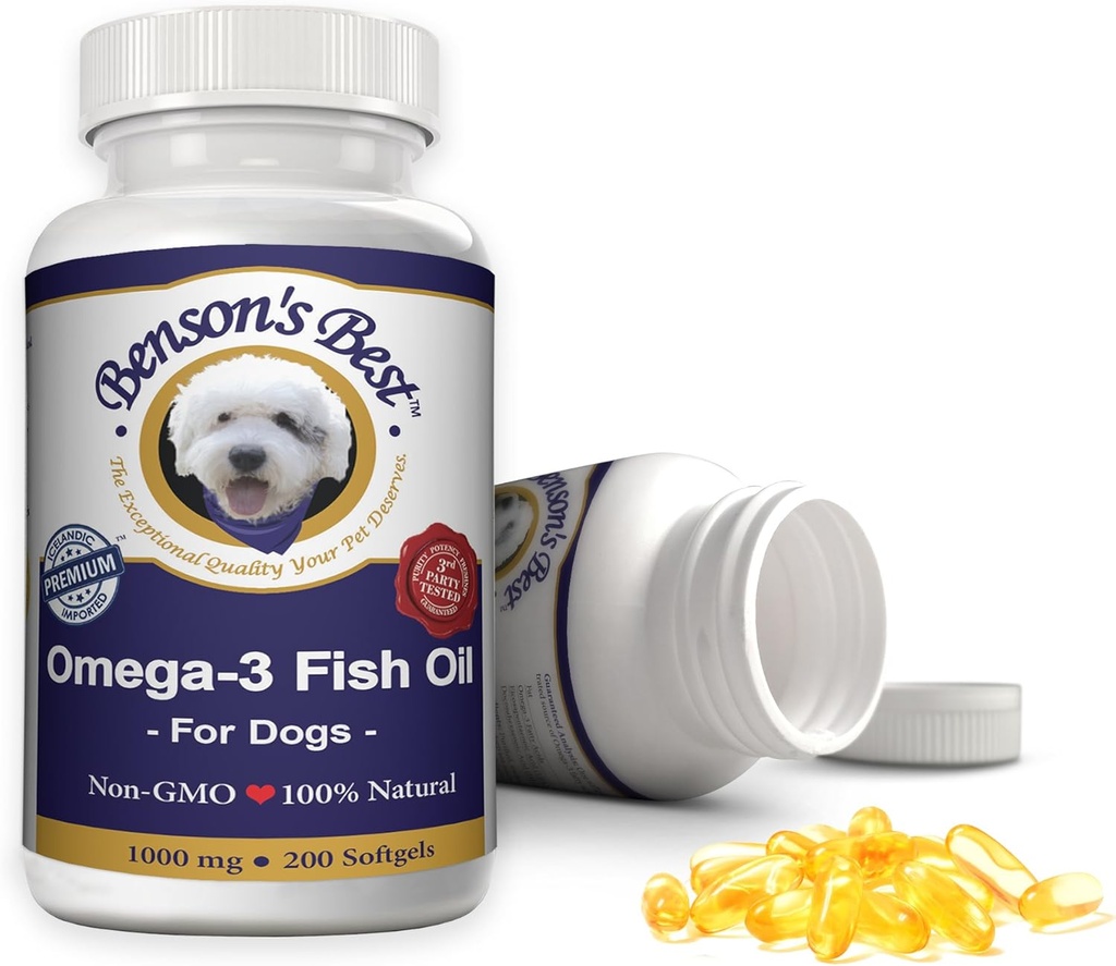 Bensoni parim Omega 3 kalaõli koertele - annab 43% rohkem Omega 3 rasvhappeid kui lõheõli - 200 Softgels 1000 mg - 100% puhas, mitte-GMO, looduslik lemmikloomatoidu koera kalaõli toidulisandid