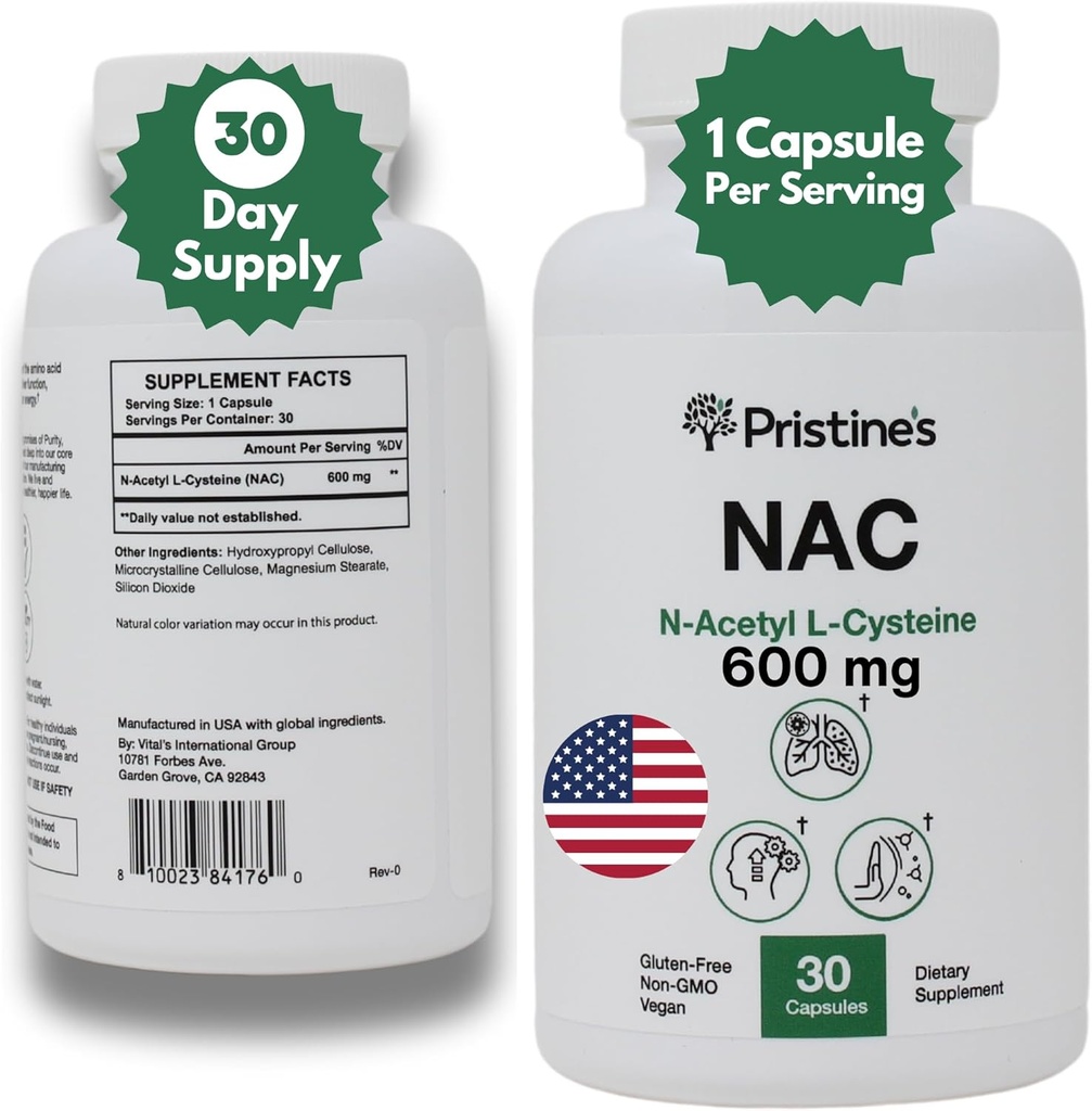 PRISTINE N-atsetüül L-tsüsteiin (NAC) 600MG 30-päevane tarnepotentsiaal Kopsu ja maksa immuunsus Antioksüdantide toidulisandi kapslid - meeleolu ja vaimse tervise tugi