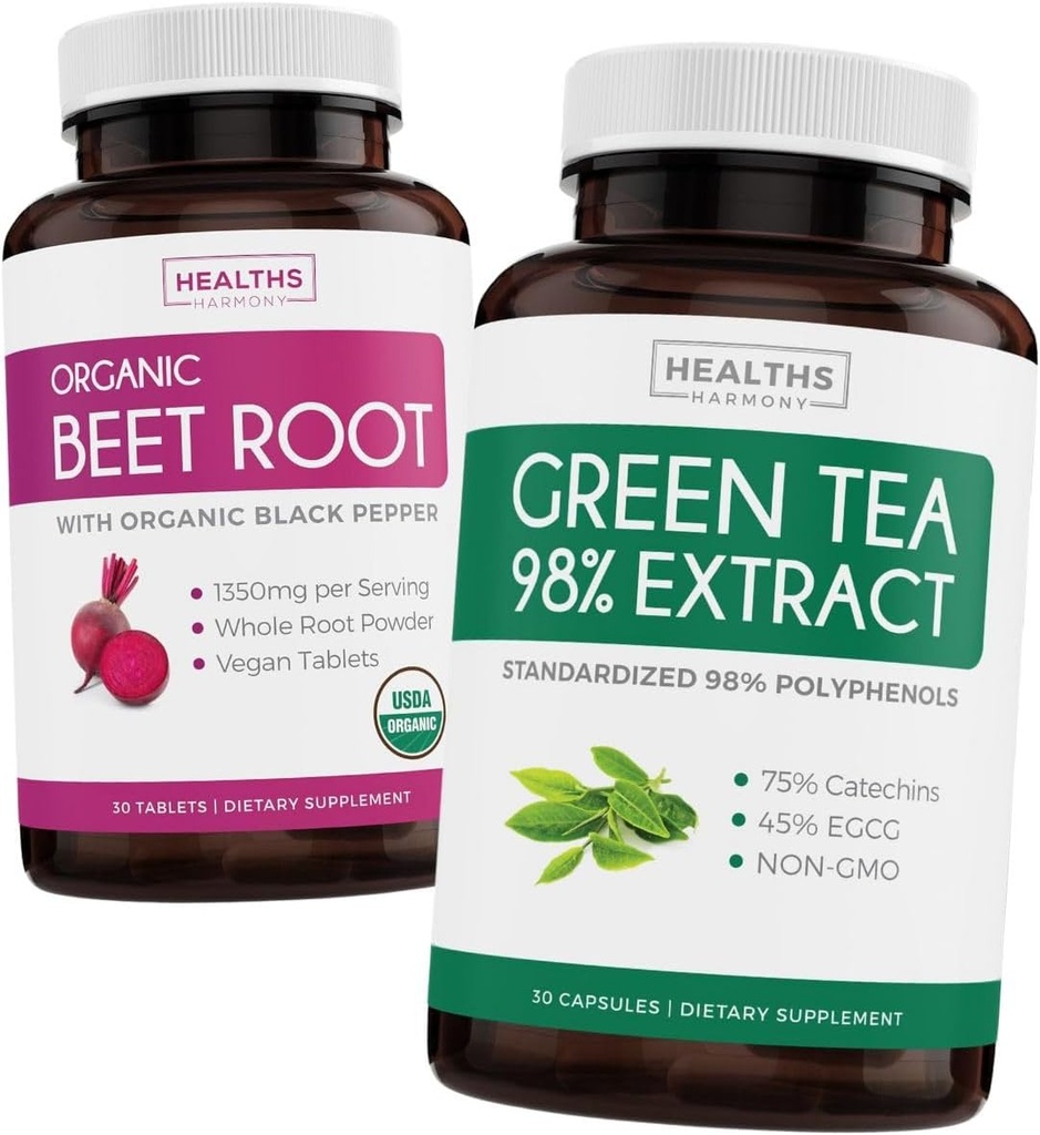 Beet Root & Green Tea Extract (2-nädalane pakkumine) Beet & Tee Power Mix - Orgaaniline suhkrupeedi juur must pipar imendumiseks 1250mg (30 tabletti) & Green Tee ekstrakt 98% EGCG 1000mg serveeri (30 kapslit)