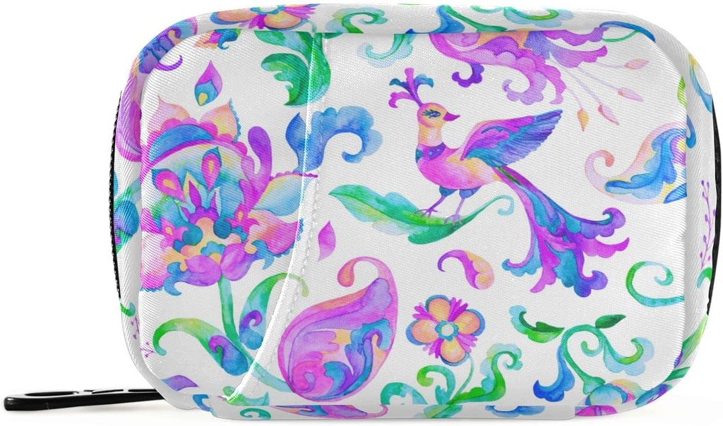 Akvarelllinnud Paisley Pill Box 7 Day Pill Case Bag Travel Pill Korraldaja kott koos Zipper Portable Weekly Case Compact Suurus Vitamiini täienduse hoidja
