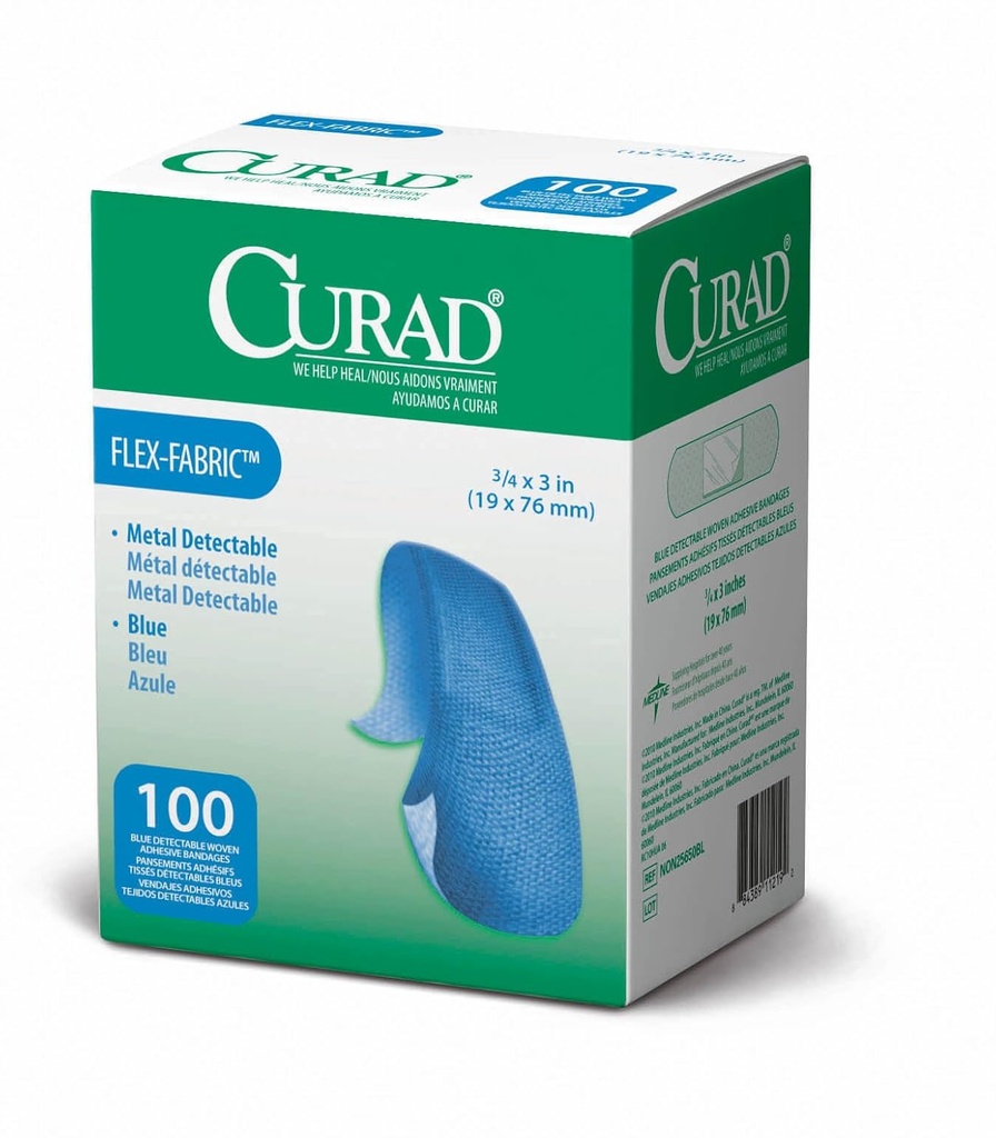 CURAD Food Service Metal Detectable Blue Fabric Adhesive Bands 3/4 " x 3", Pack of 100