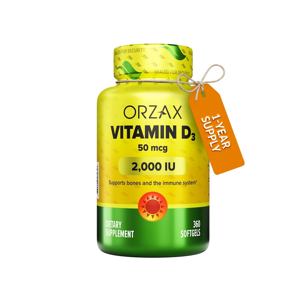 ORZAX Vitamiin D3 2000 iu (50 mcg) - mitte-GMO, gluteenivaba, suhkruvaba, piimavaba - 1 aasta pakkumine tugevate lihaste funktsiooni ja immuunsuse toetamiseks - meeleolu täiendus heaolu (360 Softgel)