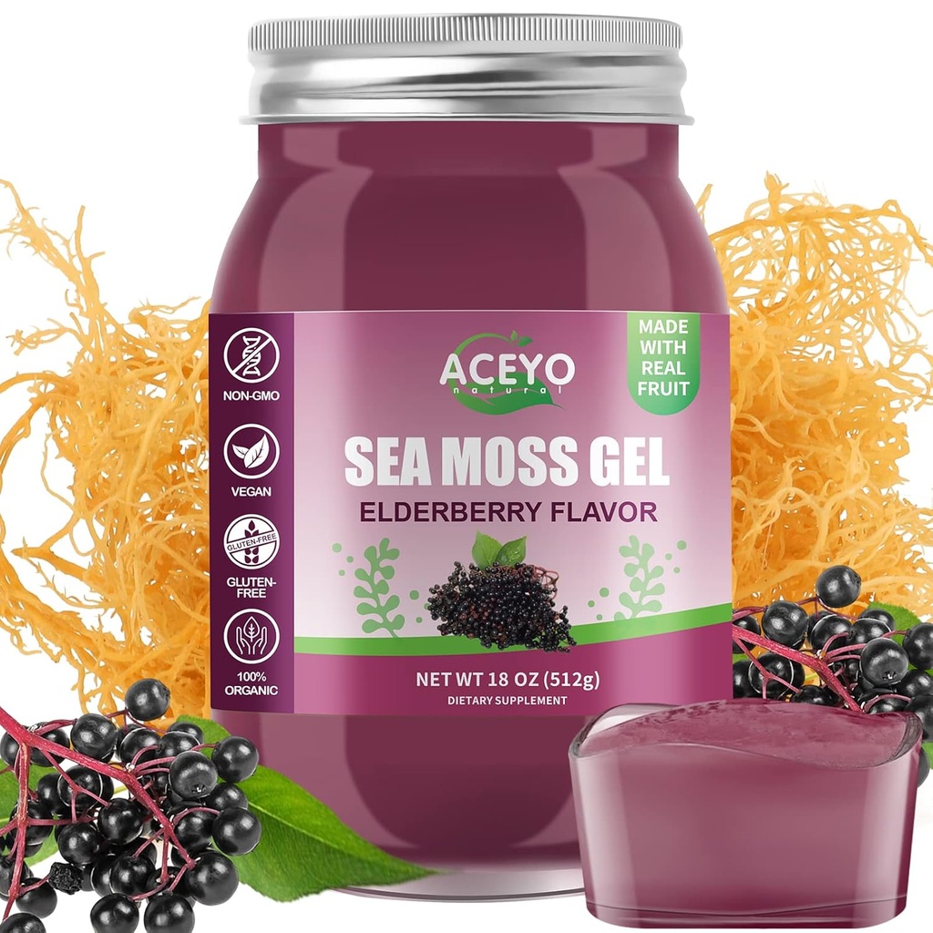 ACEYO (18 OZ) Iiri Elderberry Sea Moss Gel Orgaaniline toores Vegan Maitse 102 Vitamiinid ja mineraalid Looduslik koristatud Mitte-GMO Immune Defense Booster Kilpnäärme seedetrakti tugi