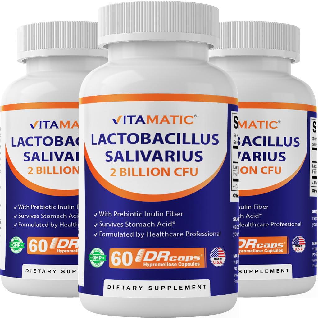 Vitamatic Lactobacillus Salivarius 2 miljardit DR kapsli kohta - 60 loend - seedetrakti tugi - valmistatud prebiootilise inuliini kiud (3 pudelit)