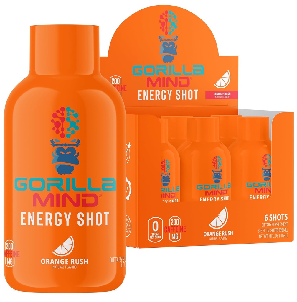 Gorilla režiimi energiakaadrid (6-Pack) - energiakaadrid täiustatud fookuse ja energia, suhkruvaba, kiire toimega, võimas valem vitamiinide ja looduslike ekstraktidega (oranž Rush)