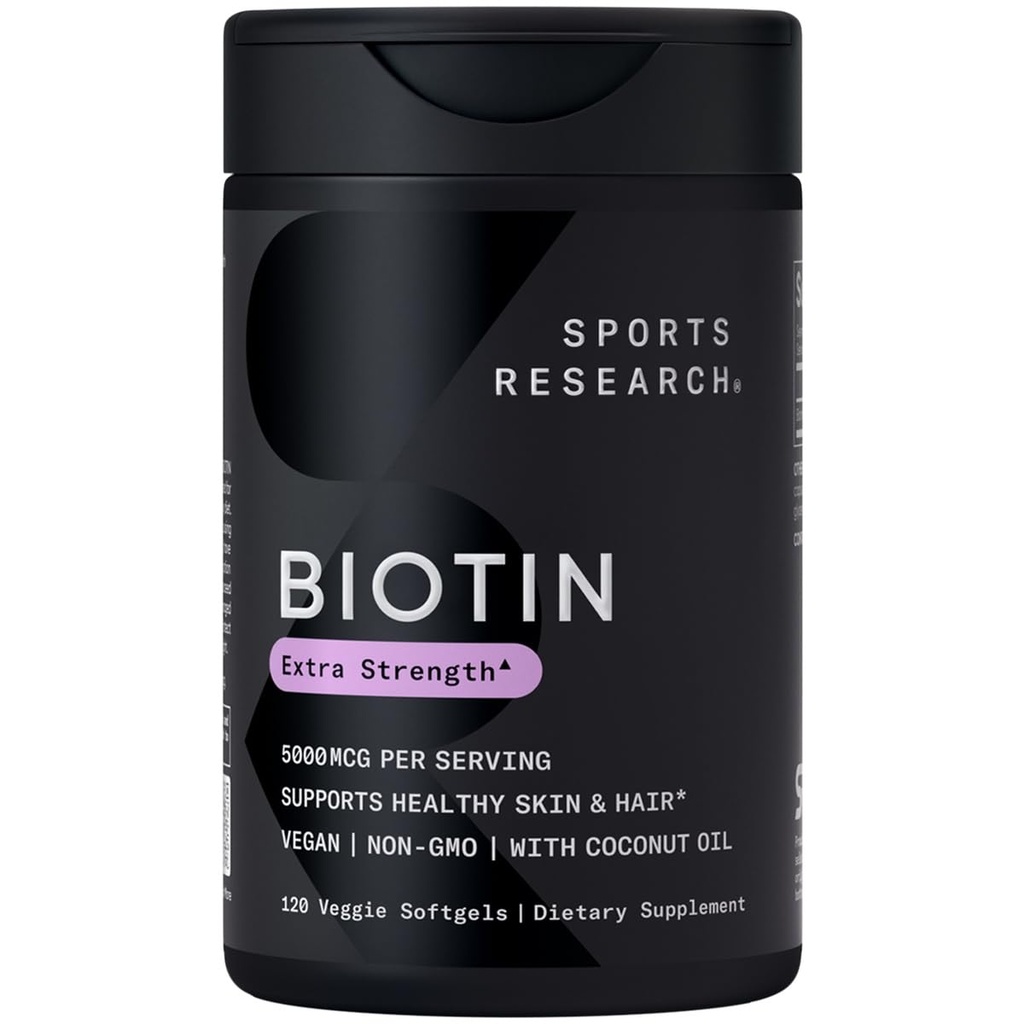 Sport Research® Biotin 5,000mcg koos orgaanilise kookosõli - Biotin (vitamiin B7) terve naha ja juuste toetamine * - naistele ja meestele - Vegan, GMO, Gluteen ja sojavaba - 120 Veggie Softgels