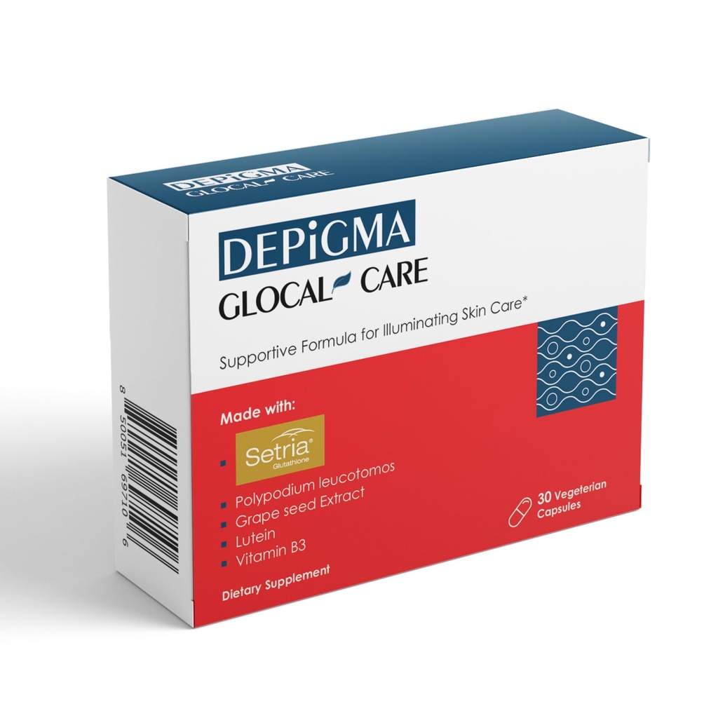 GlocalCare Depigma toetab hüperpigmentatsiooni, melasma ja tumedate täppide vähendamist glutatiooni, polüpoodiumleukotomose, viinamarjaseemne ja Marigold ekstraktiga