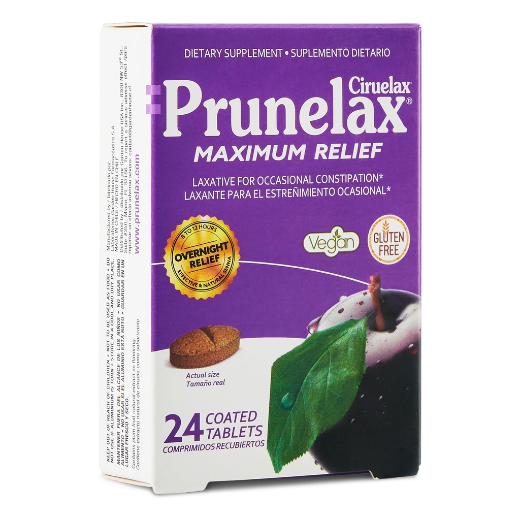 Prunelax Ciruelax Maksimaalne leevendus lahtistav tablett koos Natural Senna aeg-ajalt kõhukinnisus, Senna ekstrakt, Vegan & Gluteenivaba, õrn üleöö Relief - 24ct