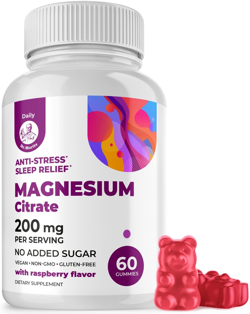 DR. MORITZ Magneesiumtsitraatkummid täiskasvanutele - suhkruvaba rahu magneesiumkummid - toetab tervislikku stressireaktsiooni - Vaarika maitse - mitte-GMO, 200 mg (60 loend)