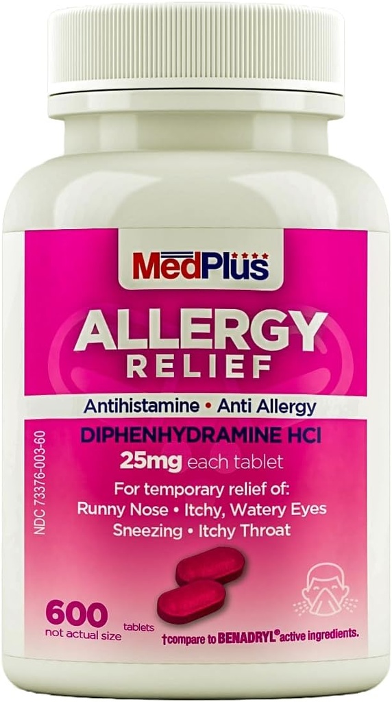 MedPlus Allergy Relief Medicine , 25 mg , 600 tabletti | Difenhüdramiin Hcl | Antihistamiin | sise- ja välisallergia leevendamine , roosa