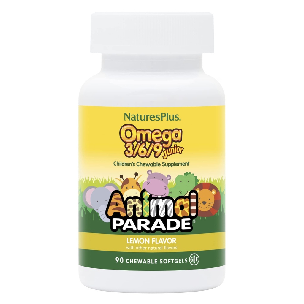 Natures Plus Animal Parade Omega 3/6/9 Junior, Sidrun Maitse - 90 Softgels - Soodustab Laste Immuunsüsteemi, Naha, Silma Ja Närvisüsteemi Tervis - Mitte-GMO, Gluteenivaba - 45 Servings