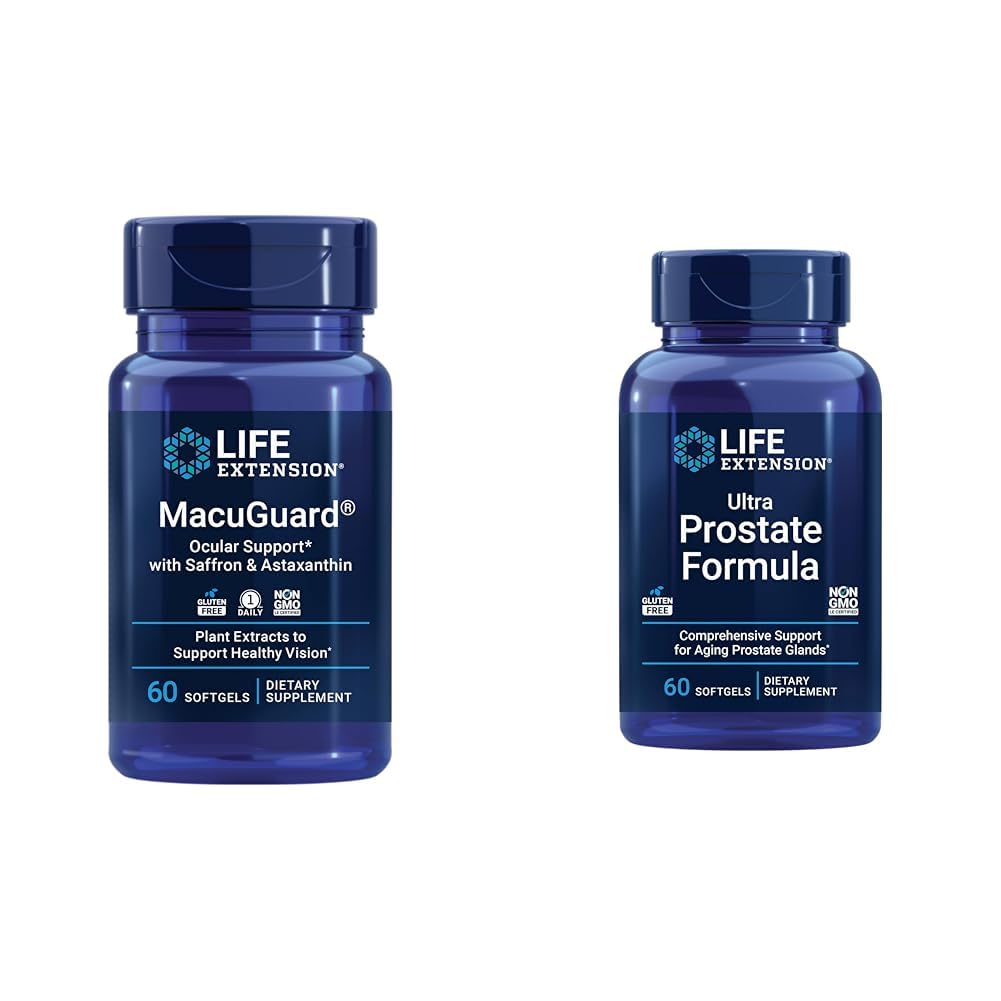 Life Extension Macuguard Ocular Support Saffron & Astaxanthin 60 Count ja Ultra Eesnäärme Formula Saw Palmetto 60 Softgels