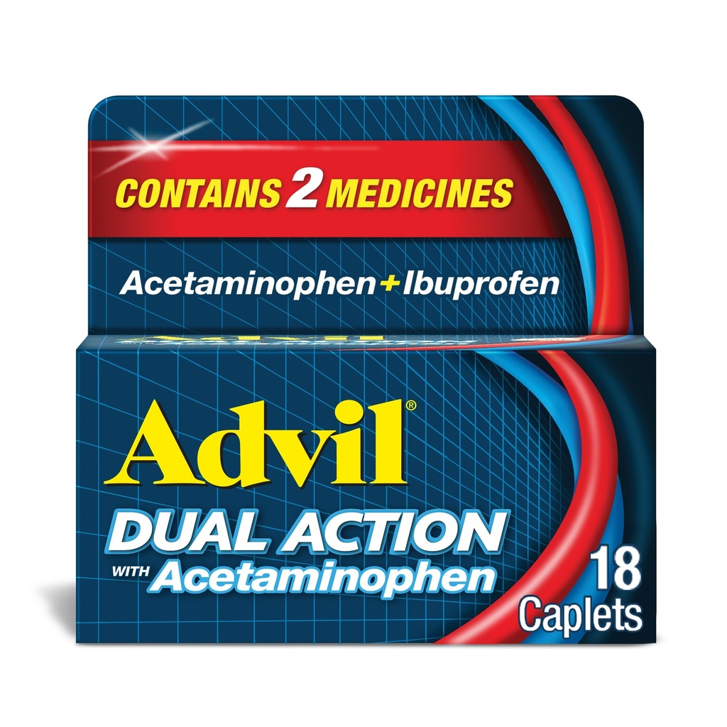 Advil Dual Action kaetud kapslid atsetaminofeeni, 125mg ibuprofeeni ja 250mg atsetaminofeeni kapsli kohta 8 tundi valu leevendamiseks - 18 krahv