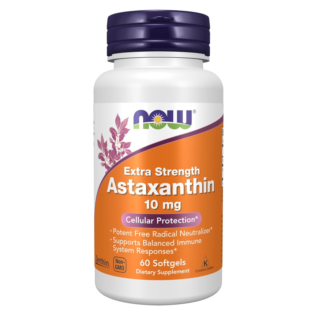 NOW Foods Supplements, Astaxanthin 10mg, Extra Tugevus, tuletatud Non-GMO Haematococcus Pluvialis Mikrovetikad ja on looduslikult esinevad Lutein, kantaksantiini ja beeta-karoteen, 60 Softgels