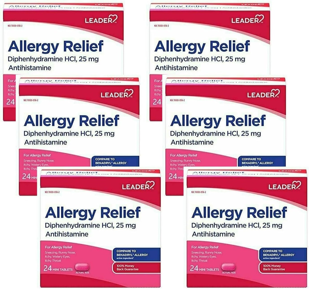 Liider Antihistamiin Allergia Relief Difenhüdramiin HCl, 25 mg Mini Tablets, 24 Count Pack 6