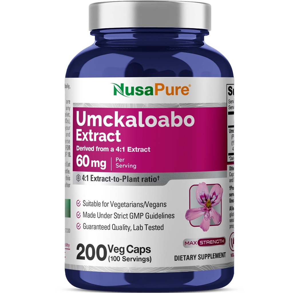NusaPure Umckaloabo 4: 1 Ekstrakt, 60 mg, mis vastab 240 mg Veggie Caps 200 krahvile (GMO-väline, Vegan)