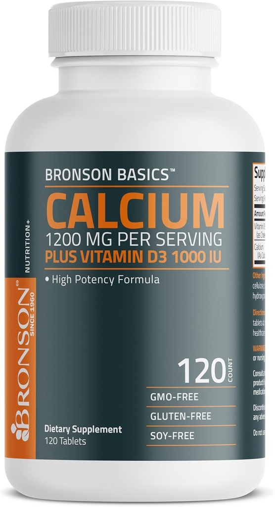 Bronson Calcium 1200mg per Serving Plus Vitamiin D3 1000 RÜ Suure tugevusega valem, Non-GMO, 120 tabletti