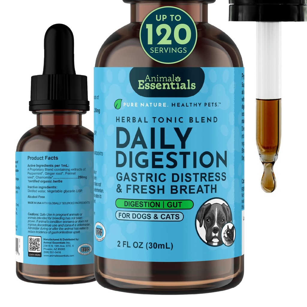 Animal Essentials Daily Digestion for Dogs & Cats - Seedetrakti tugi, värske hingamine, ingveri juur, apteegitilli seemne ekstrakt, vedel täiendus - 2 Fl Oz