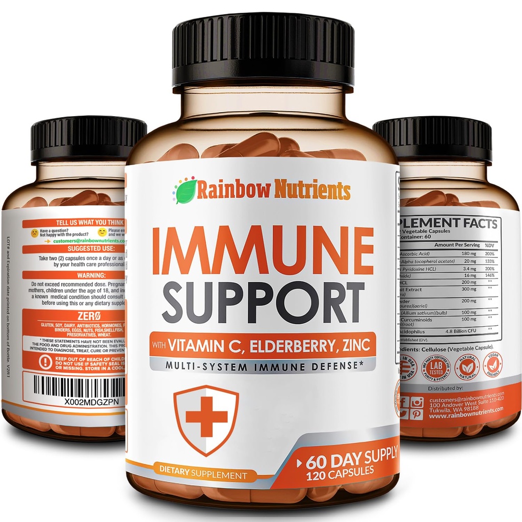 10 in 1 Immune Support Supplement (No Fillers) | C-vitamiin, tsink, Elderberry, Echinacea, kurkum, probiootikumid | immunity Booster Multi-System Immune Defense, Respiratory & Sole Health |60 Day Supply