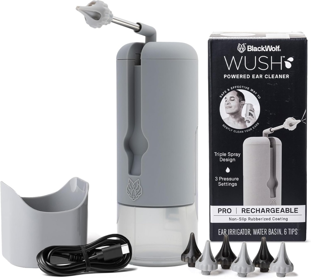 Wush Pro poolt Black Wolf - originaal Deluxe vee jõul töötava kõrvapuhasti 6 korduvkasutatava asendusnõuandeid Black Wolf - Ohutu ja efektiivne Kõrvavaha Ehitamine - Electric Ear Wax Emoval Kit (Grey)