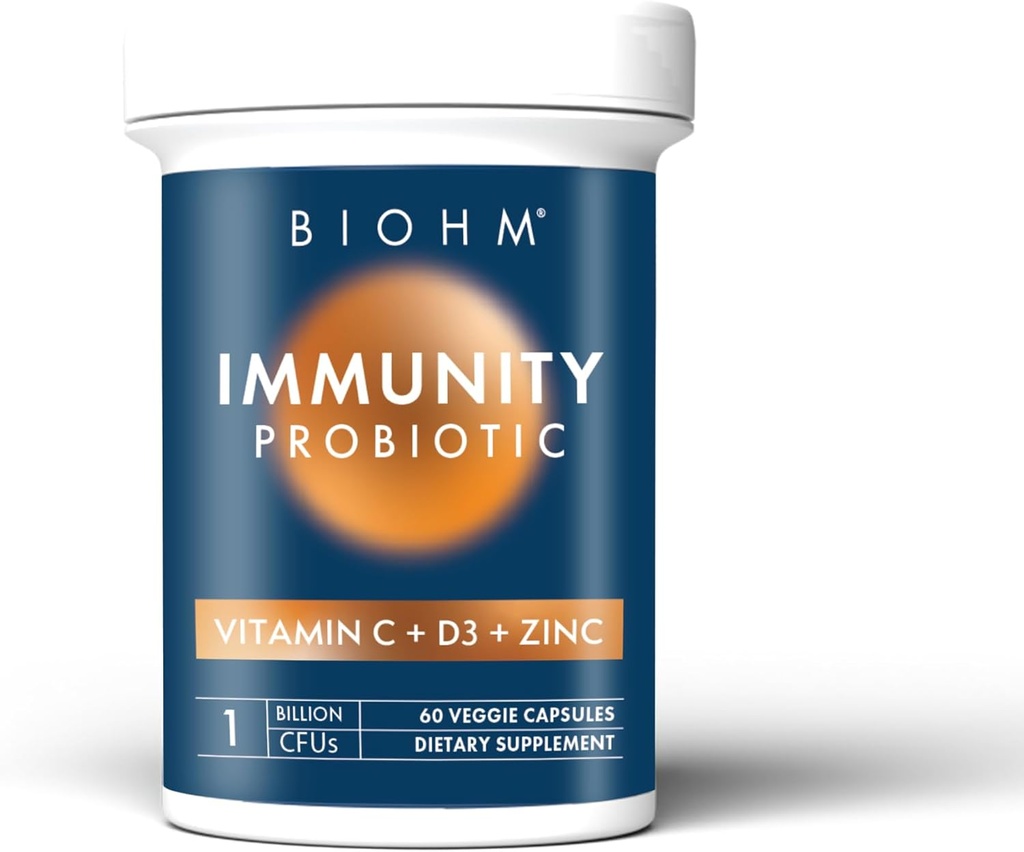BIOHM immuunsus probiootikum C-vitamiiniga, D3 ja tsink, 1 miljard CFU (60 kapslit) päevased probiootikumid naistele ja meestele, seedetrakti tervise ja immuunsuse tugi, vegan, gluteenivaba ja mitte-GMO