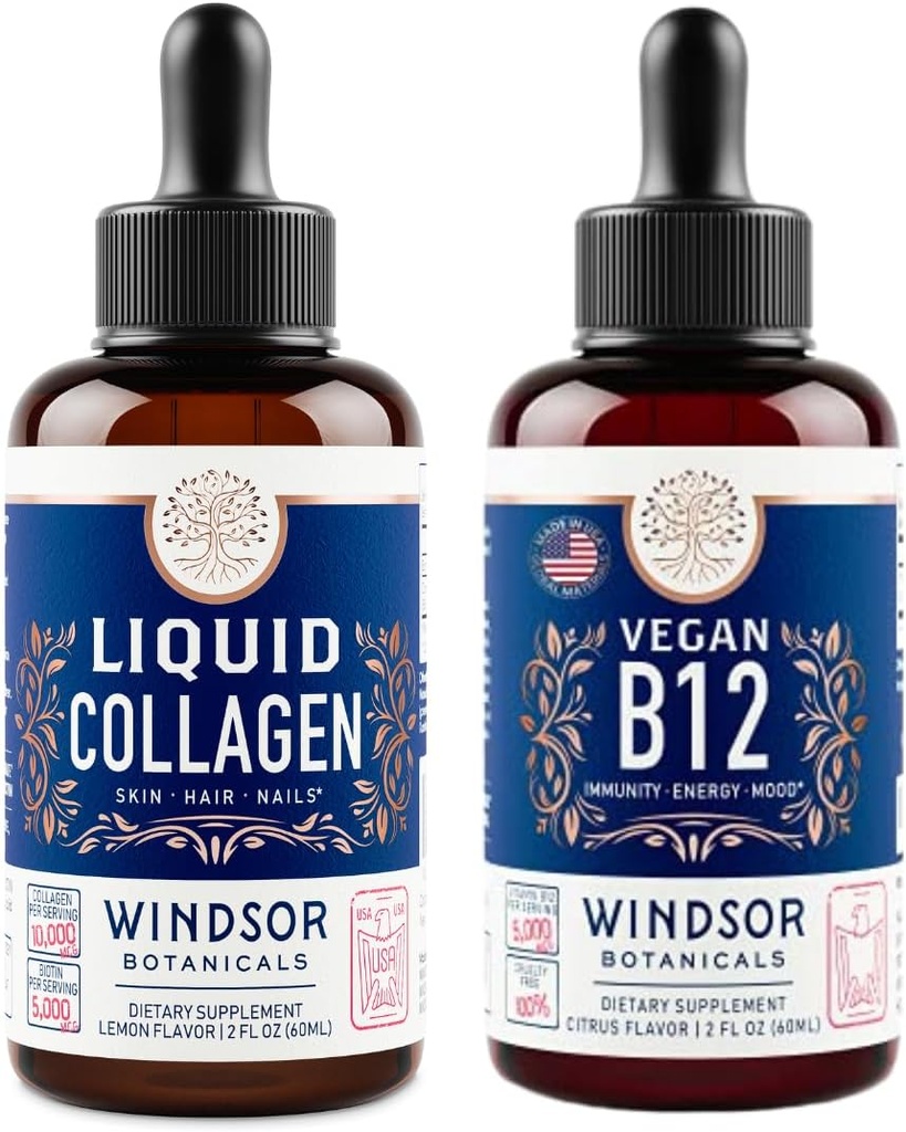 WINDSOR BOTANICALS vitamiin B12 Vedel ja vedel kollageen biotiiniga - energia ja heaolu komplekt