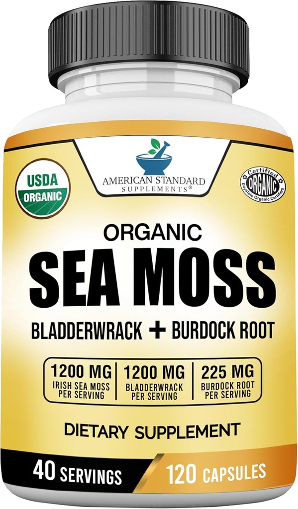 American Standard Supplements Organic Sea Moss, Bladderwrack & Burdock Juurkapslid - 1200mg Seamoss, 1200mg Bladderwrack, 225mg Burdock Root Per Serving - 120 kapslit, 40 Servingut