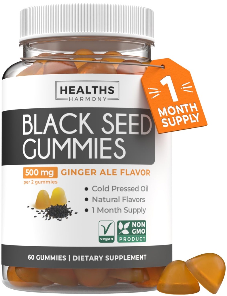Black Seed Oil Gummies - Natural Ginger Ale Maitse (Non-GMO & Vegan) Külmpressitud Nigella Sativa Tootmine puhas must köömneseemneõli - 500mg 2 Kummi serveerimine