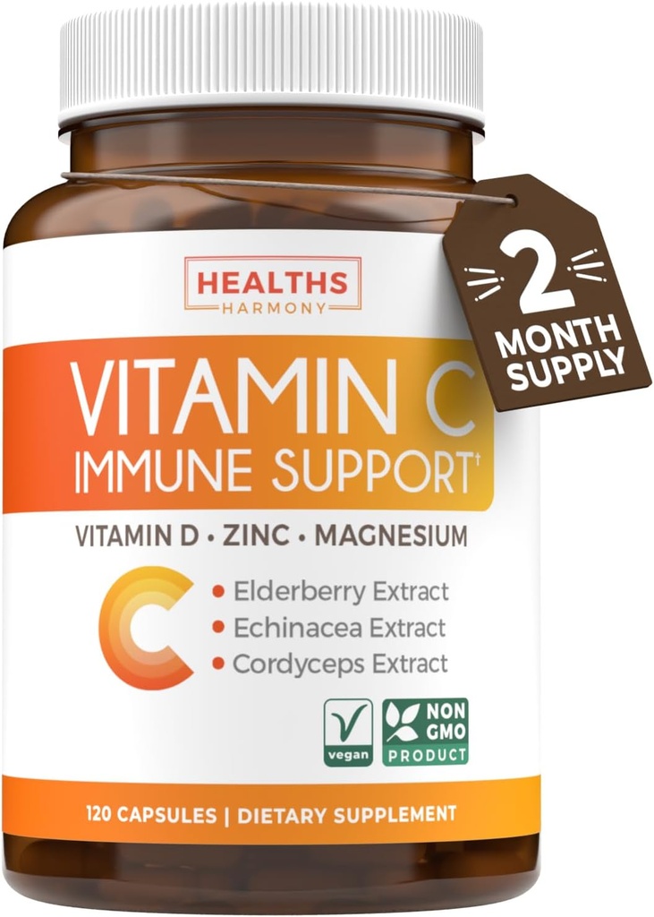 C-vitamiini immuunsuse tugisammas - Immuunsuse suurendamine koos Elderberry C-vitamiini ja tsingiga igapäevaseks ja hooajaliseks toetamiseks - magneesiumtsink VIT C & D ja taimse kaitse kompleks (2 kuud pakkumine)