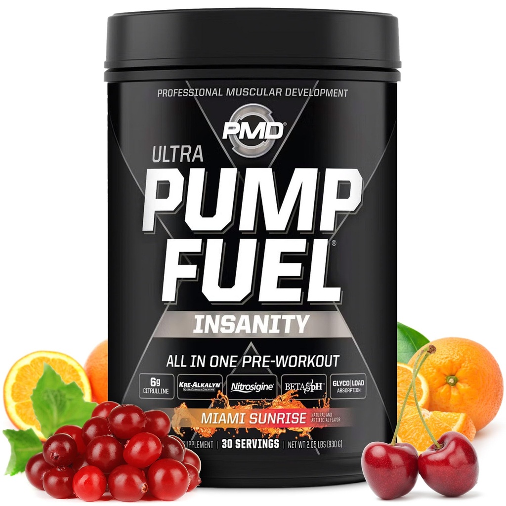 PMD Sport Pump Fuel Ultra Insanity - Premium Pre Workout Powder & Lihaspump, Greater Focus, Endurance & Recovery, Premium Kreatiin, Arginine & Beeta Alanine - Miami Sunrise (30 Servings)