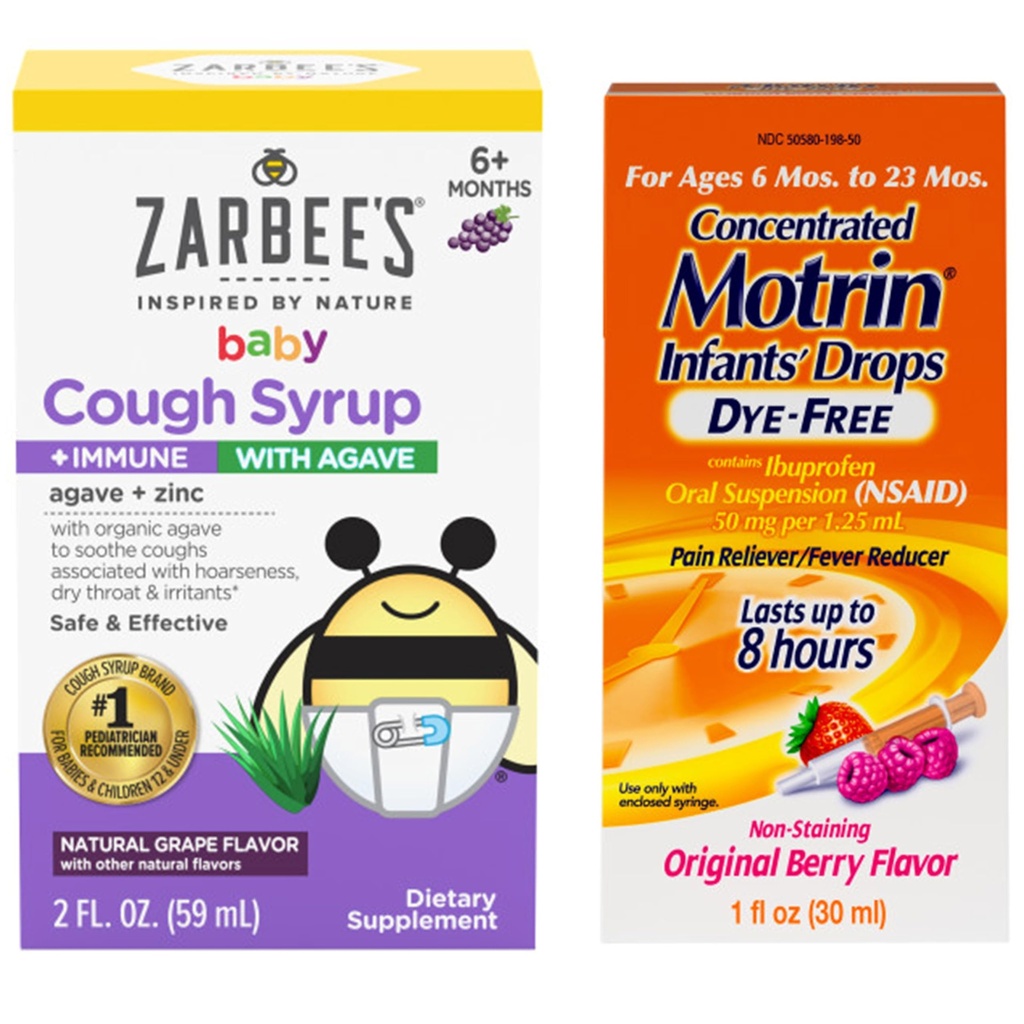 Motrin and Zarbee’s Essentials for Imikud’ Imikute kontsentreeritud vedel ravim tilgad Ibuprofen ja Zarbee Baby Cough siirup + Immuun orgaanilise Agave + Tsink