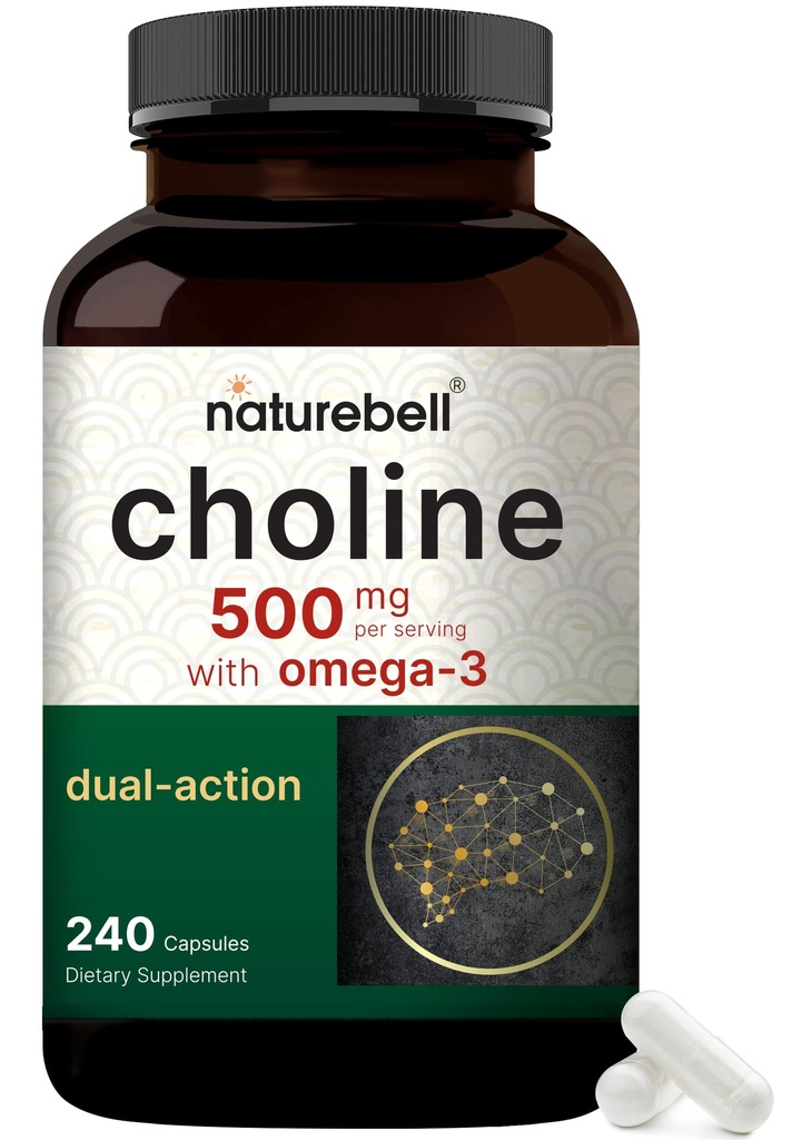 NatureBell Choline Supplements 500mg omega-3 rasvhappeid, 240 kapslit | kõrge potentsi koliin bitartraat - Sünnieelne tugi raseduse ajal - soodustab energia, maksa, aju ja kognitiivset tervist