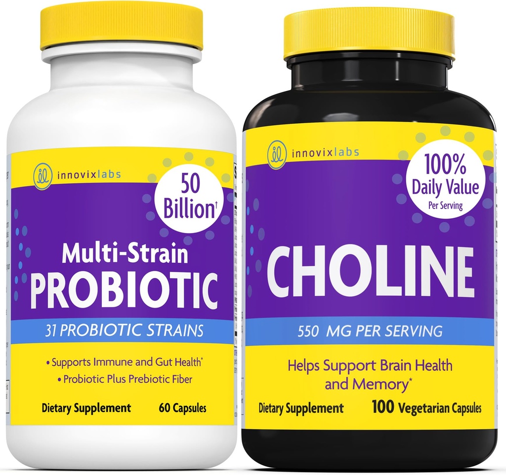 InnovixLabs Koliin & Multiprobiootiline Bundle Koliin Bitartraat 550 mg (100 kapslit) Multitüve probiootikumid (60 kapslit). Toetab mälu, meeleolu, aju tervist ja suurendab kognitiivset.
